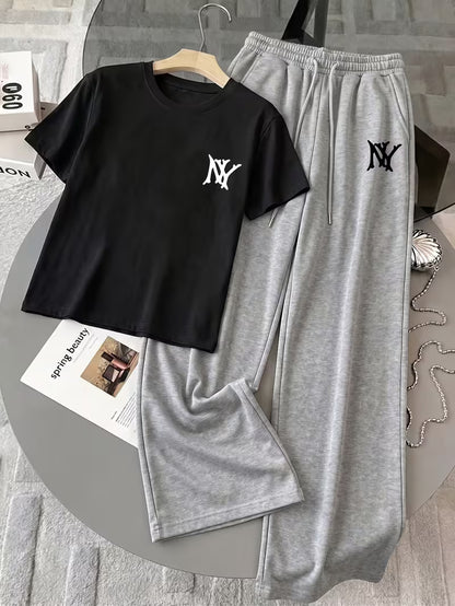 Black "NY" Graphic Printed Oversized Tee & Black Wide-Leg Trouser Co-ord Set