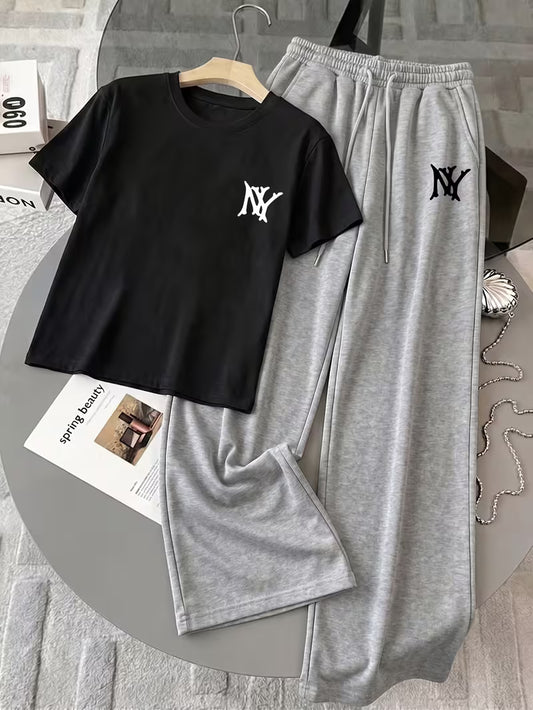 Black "NY" Graphic Printed Oversized Tee & Black Wide-Leg Trouser Co-ord Set