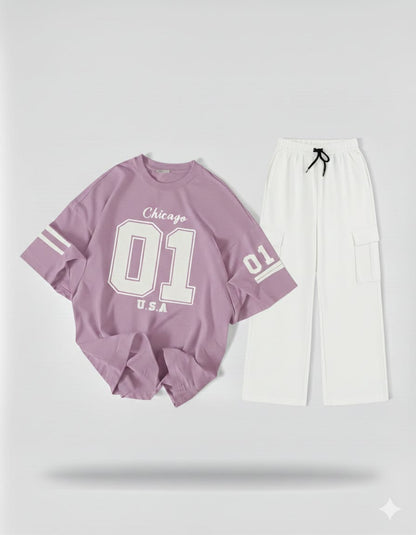 The Varsity Noir Set: Lilac '01' Oversized Tee & White Wide-Leg Cargo Trouser