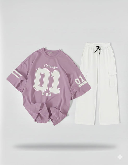 The Varsity Noir Set: Lilac '01' Oversized Tee & White Wide-Leg Cargo Trouser