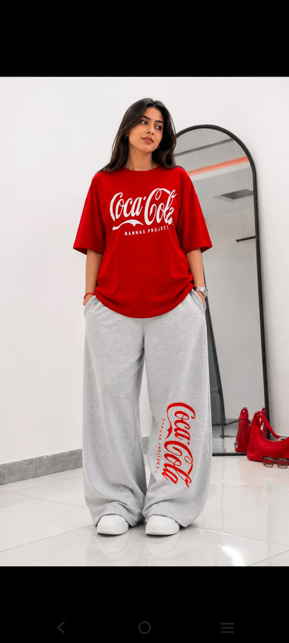 Coca-Cola Oversized Printed Co-ord Set – Red Tee & Grey Wide-Leg Trouser | Unisex Streetwear