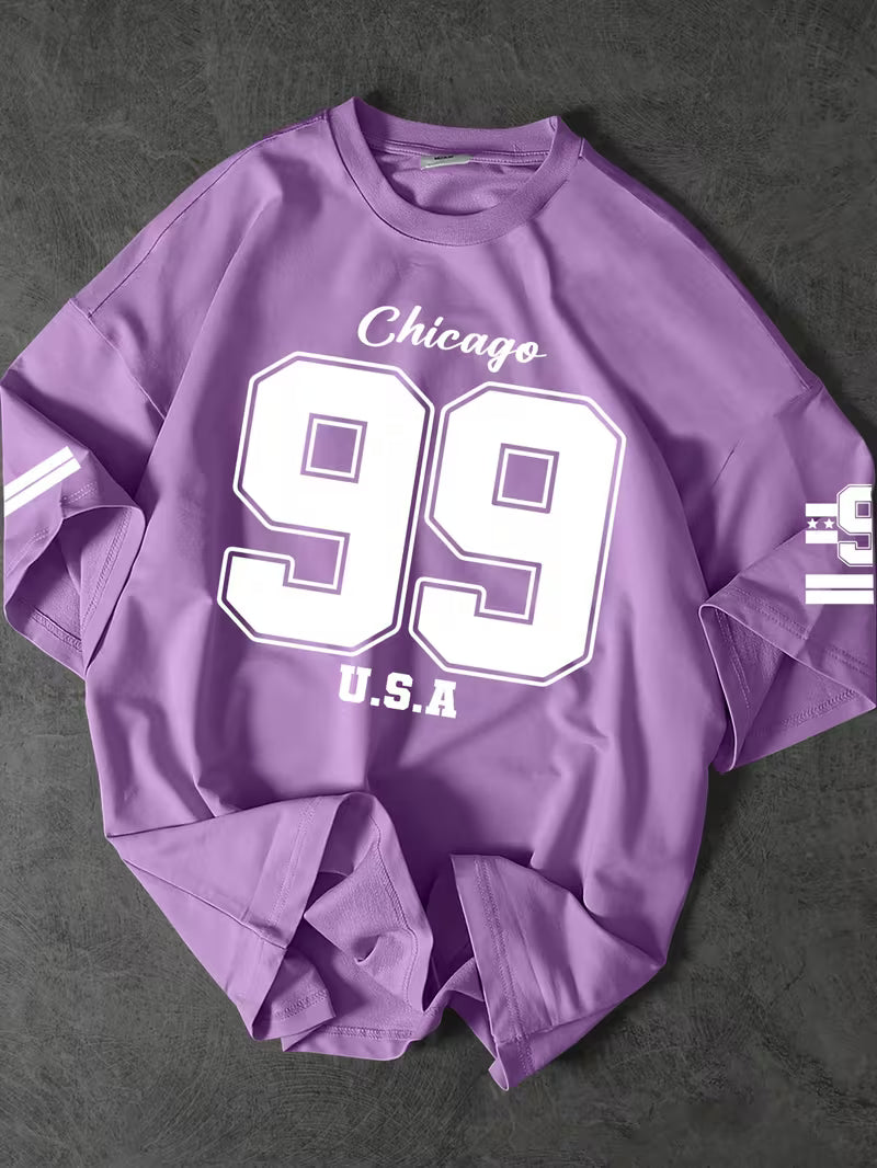 Urban Pulse Lilac Oversized Graphic Tee – "Chicago 99" Streetwear Drop-Shoulder T-Shirt