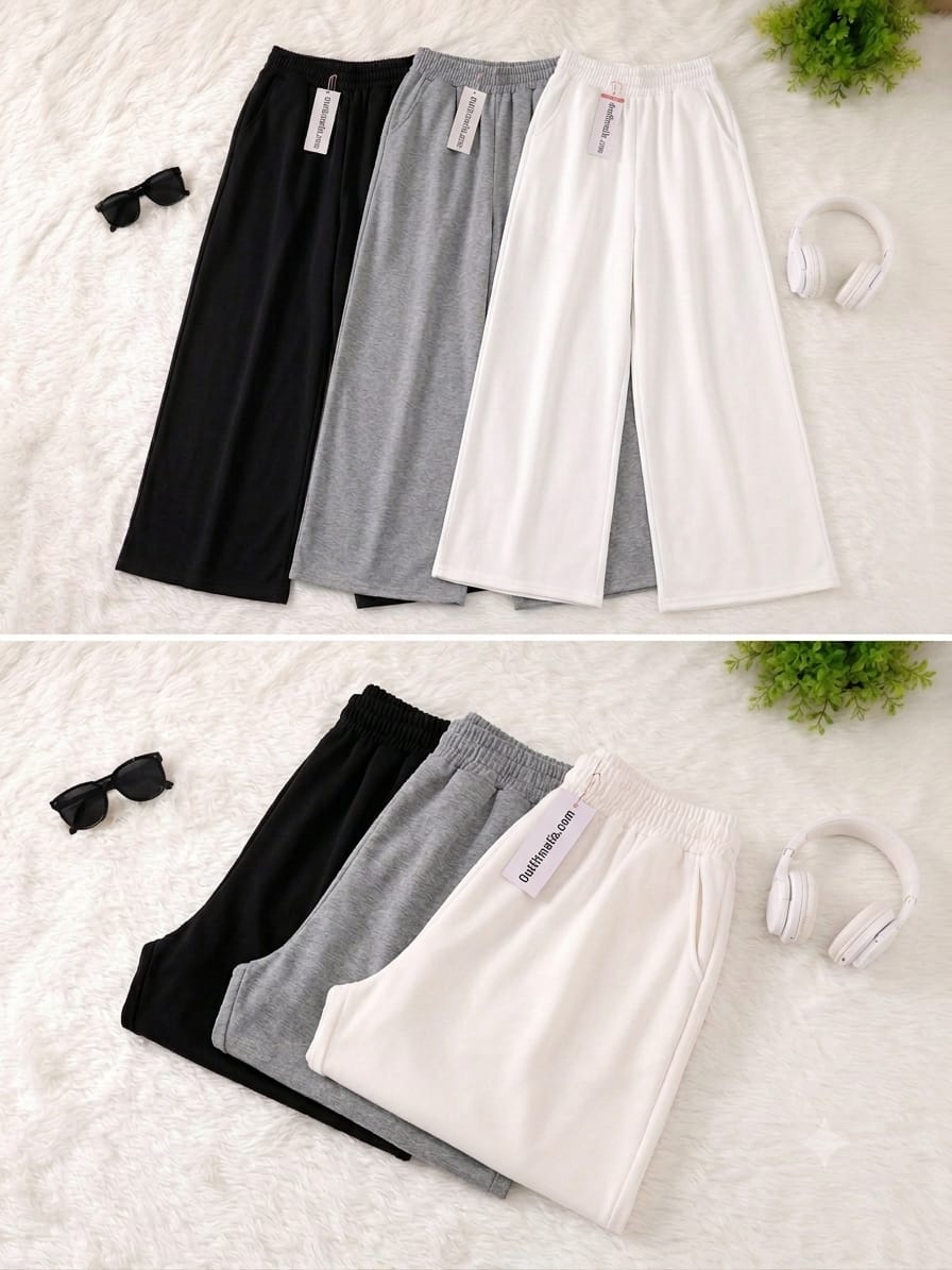 Bundle of 3 Premium Fine Quality Wide Leg Trousers for Women | GREY,BLACK,WHITE Casual Comfort Collection
