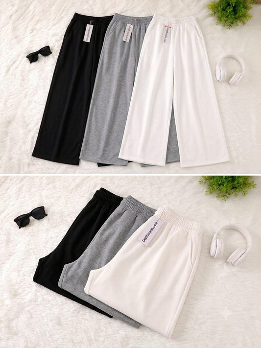Bundle of 3 Premium Fine Quality Wide Leg Trousers for Women | GREY,BLACK,WHITE Casual Comfort Collection