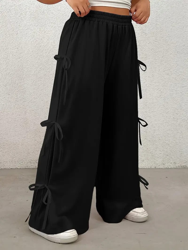 Wide Leg Black Jogger Trouser with Side Bow-BLACK
