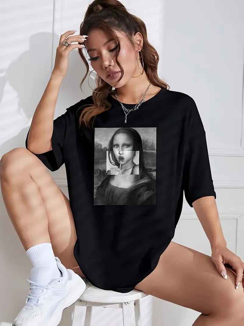 Women's  Black Oversized Drop Shoulder Graphic T-Shirt – Mona Lisa Pop Art Print