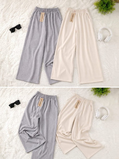 Pack of 2 Wide-Leg Trousers – High-Waisted Elastic Loungewear Trousers (Heather Grey & Cream)
