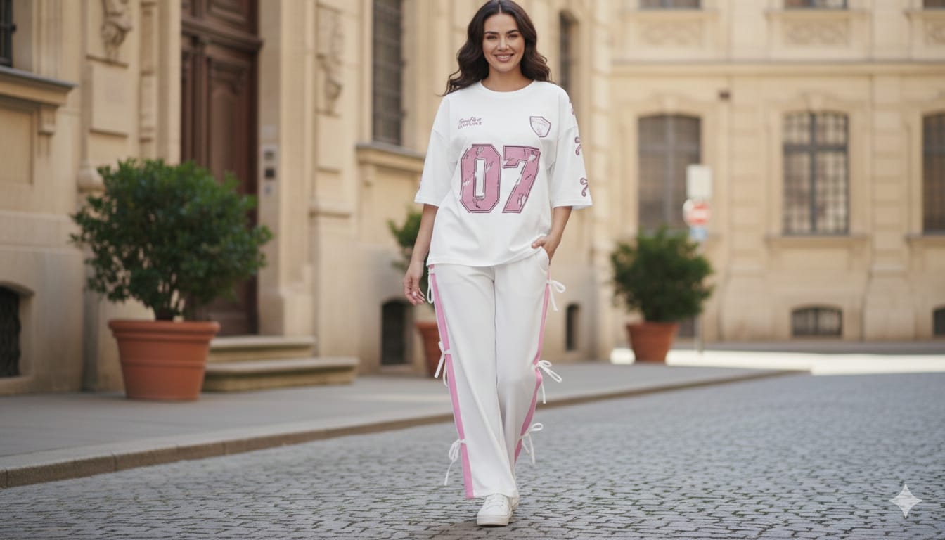 White 07 Graphic Oversized Tee with White Side Ribbon Wide-Leg Trousers