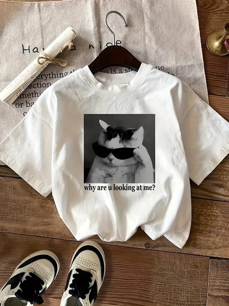 Sassy Cat Graphic Drop Shoulder Tee – "Why Are U Looking At Me?" Edition