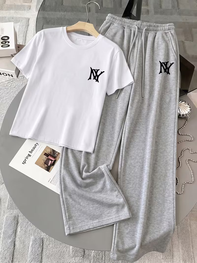 White "NY" Graphic Printed Oversized Tee & Grey Wide-Leg Trouser Co-ord Set