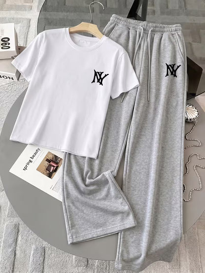 White "NY" Graphic Printed Oversized Tee & Grey Wide-Leg Trouser Co-ord Set
