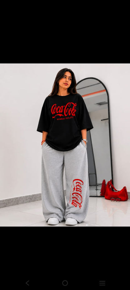 Coca-Cola Oversized Printed Co-ord Set – Black Tee & Grey Wide-Leg Trouser | Unisex Streetwear