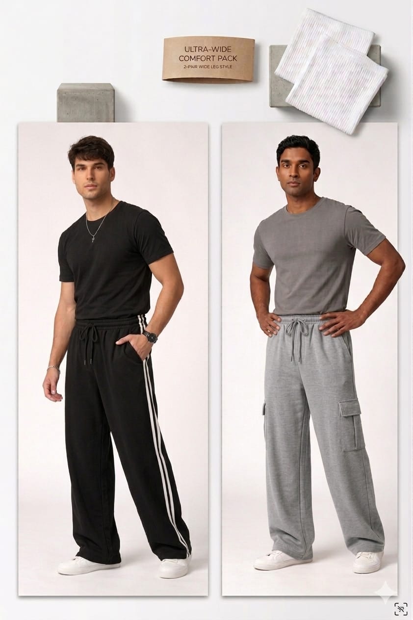 BUNDLE OF 2 - BLACK SIDE STRIPES WIDE LEG TROUSER & GREY WIDE LEG CARGO TROUSER