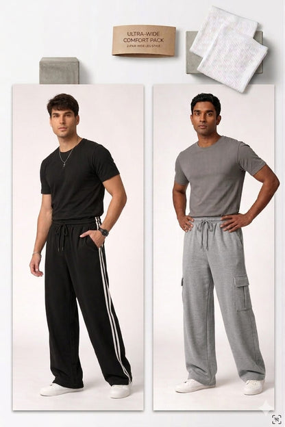 BUNDLE OF 2 - BLACK SIDE STRIPES WIDE LEG TROUSER & GREY WIDE LEG CARGO TROUSER