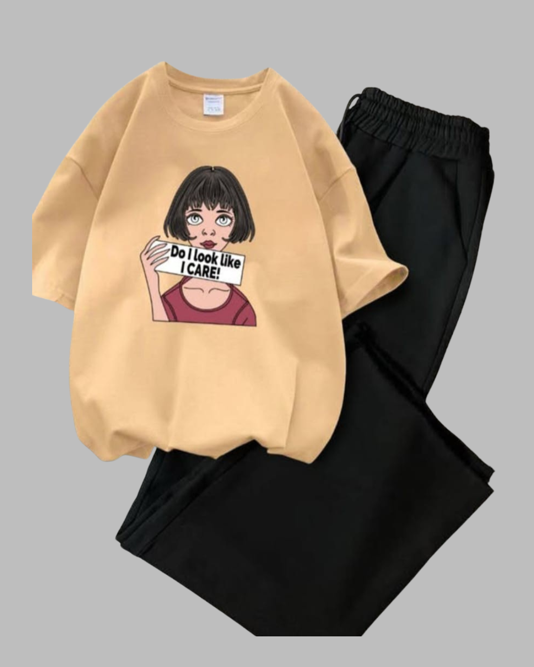 Beige Graphics Printed Drop Shoulder Oversized T-shirt With Black Wide Leg Trouser