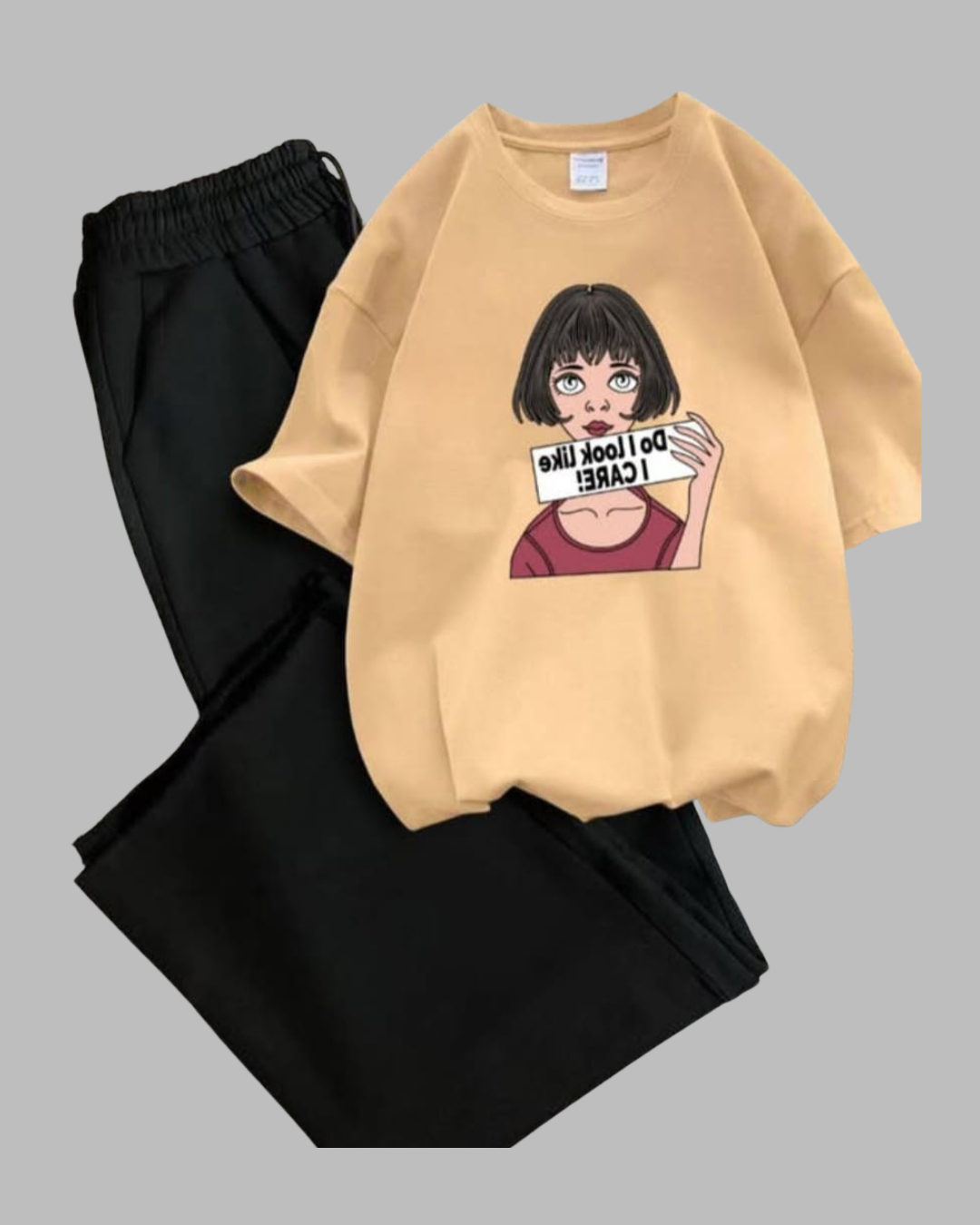 Beige Graphics Printed Drop Shoulder Oversized T-shirt With Black Wide Leg Trouser