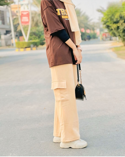 Beige Wide Leg Cargo Trouser With Brown Drop Shoulder Oversized Customized Printed T-shirt