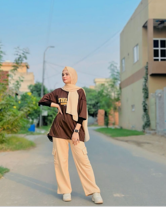 Beige Wide Leg Cargo Trouser With Brown Drop Shoulder Oversized Customized Printed T-shirt