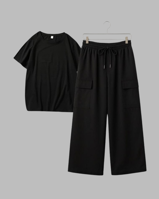 Black Drop Shoulder Oversized T-shirt With Black Wide Leg Cargo Trouser