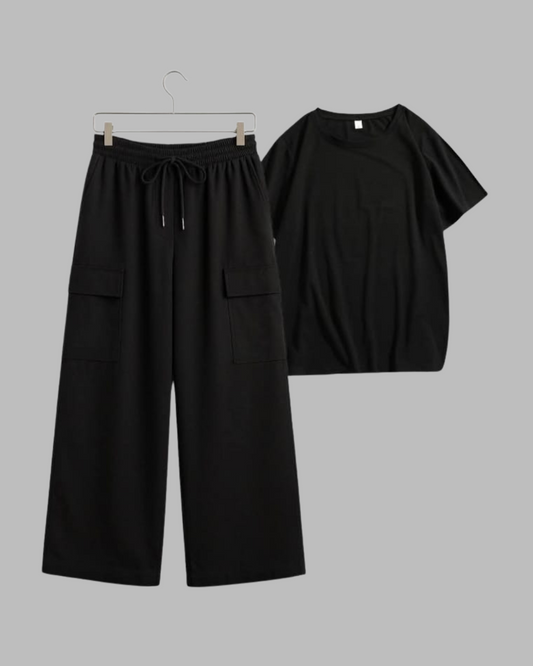 Black Drop Shoulder Oversized T-shirt With Black Wide Leg Cargo Trouser