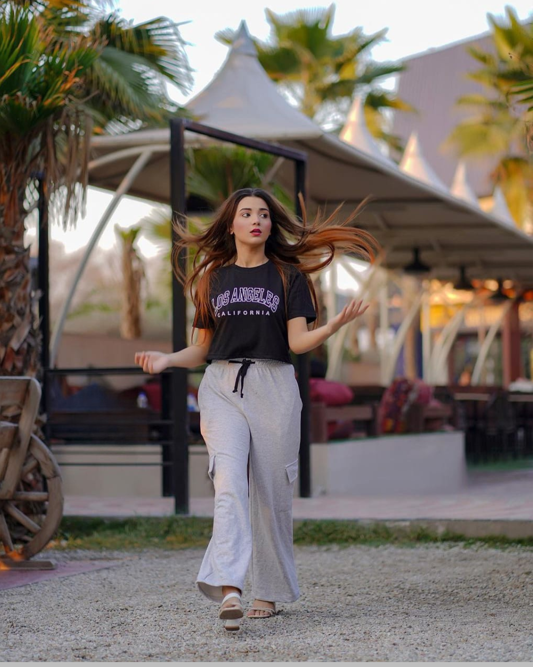 Black Customized Printed Crop Top With Grey Wide Leg Cargo Trouser