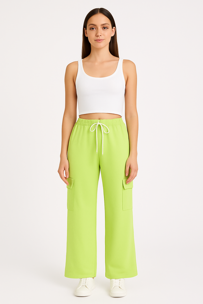 Wide Leg Cargo Trousers – Black, White, Red, Pink, Grey, Lime Green, Lilac, Beige.
