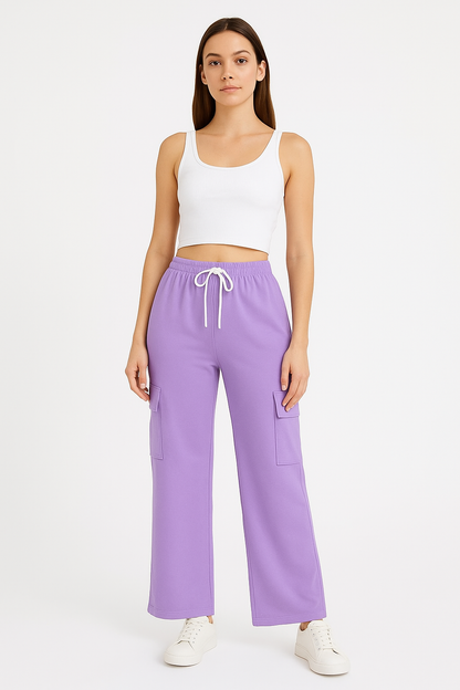 Pack of  3 Women's  Stylish Wide Leg Cargo Trousers – Black, Lilac & Grey