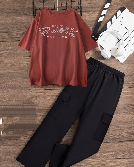 Drop Shoulder Oversized T-shirt With Black Wide Leg Cargo Trouser