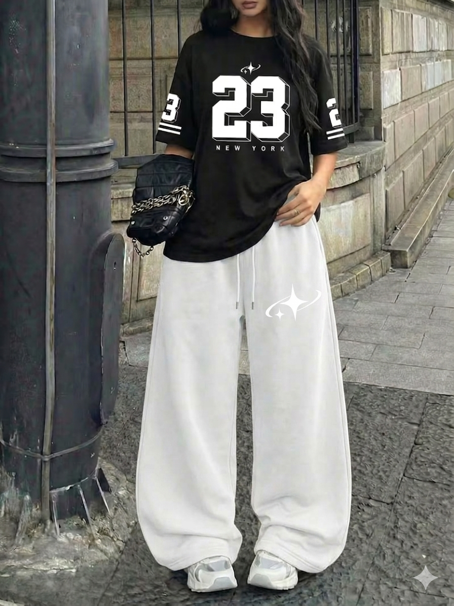 Premium Black 23 Varsity Tee & White Wide-Leg Trouser BAGGY COORD SET