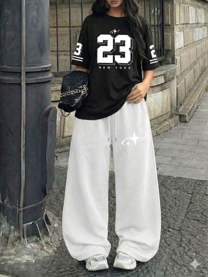 Premium Black 23 Varsity Tee & White Wide-Leg Trouser BAGGY COORD SET