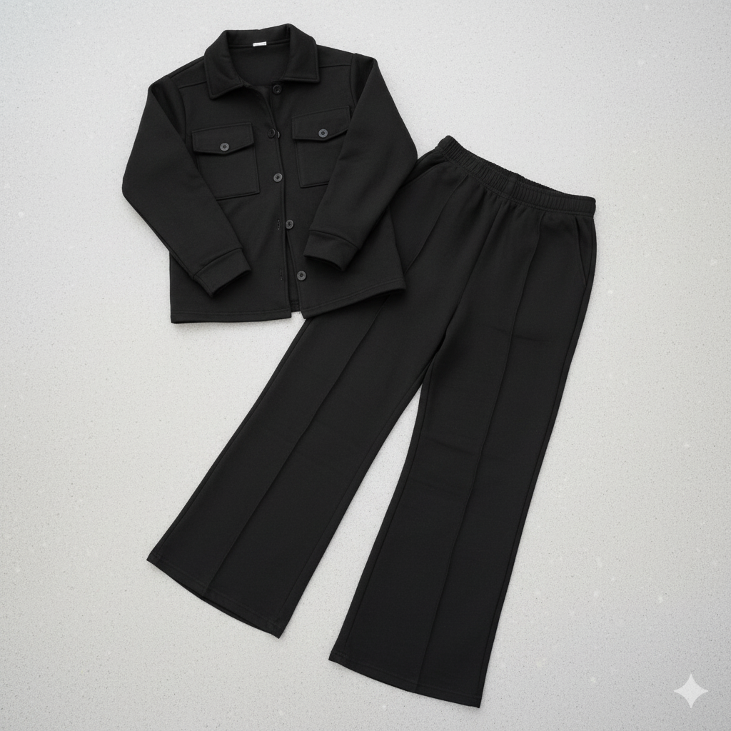 BLACK Fleece Button Down Shirt & Wide Leg Trouser Coord Set