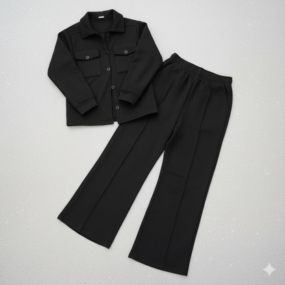BLACK Fleece Button Down Shirt & Wide Leg Trouser Coord Set