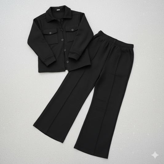 BLACK Fleece Button Down Shirt & Wide Leg Trouser Coord Set