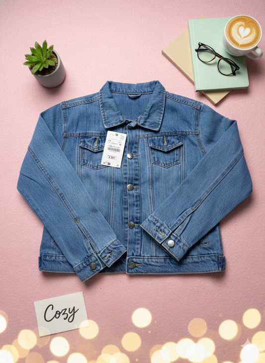 Classic Sky Blue Cropped Style Denim Jacket
