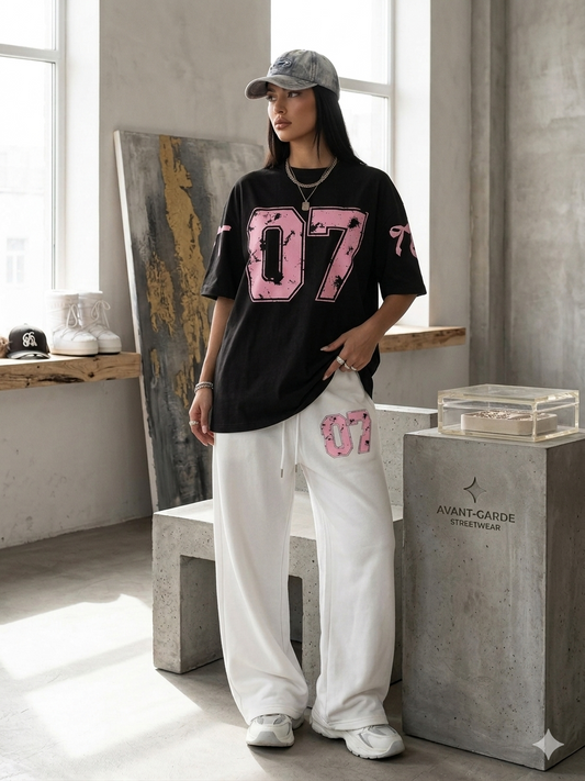 Black 07 Graphic Drop-Shoulder Tee & White Wide-Leg Trouser Set