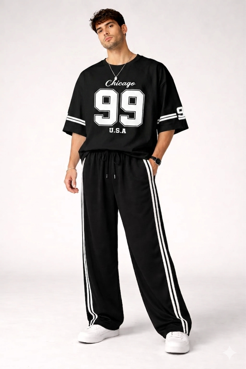 BLACK THE VARSITY CHICAGO 99 OVERSZIED TEE WITH BLACK STRIPES BAGGY TROUSER  TRACK SET