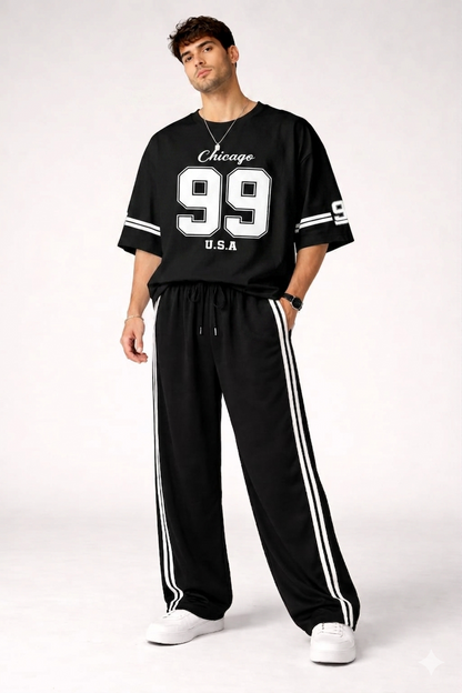 BLACK THE VARSITY CHICAGO 99 OVERSZIED TEE WITH BLACK STRIPES BAGGY TROUSER  TRACK SET