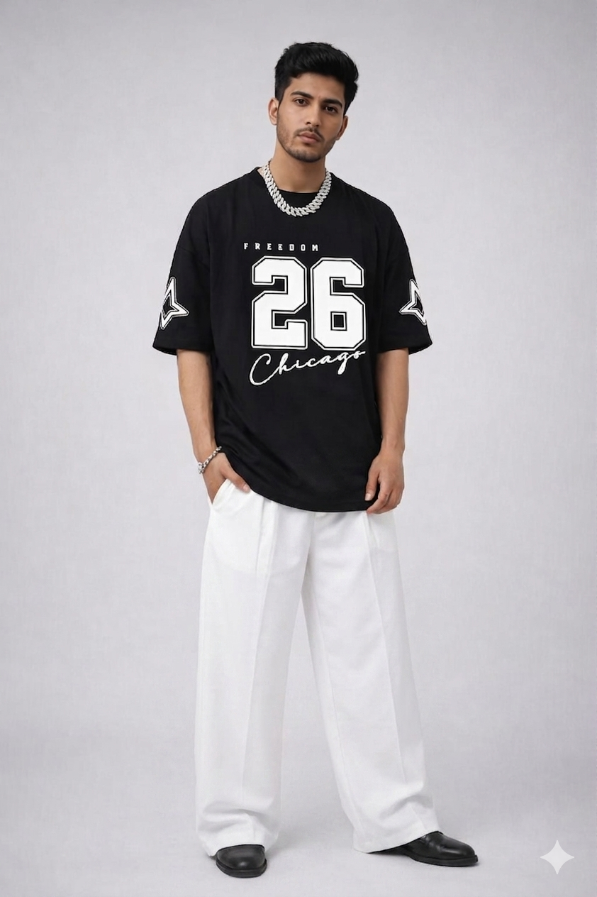 URBAN BLACK CHICAGO 26 OVERSIZED TEE WITH WHITE WIDE LEG BAAGY TROUSER SET