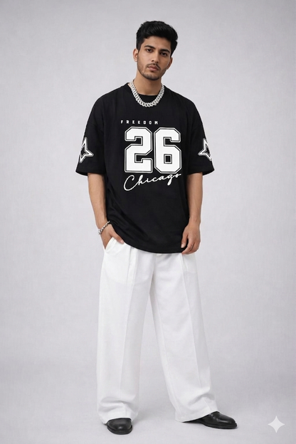 URBAN BLACK CHICAGO 26 OVERSIZED TEE WITH WHITE WIDE LEG BAAGY TROUSER SET