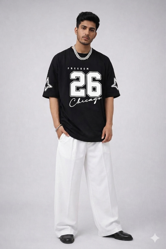 URBAN BLACK CHICAGO 26 OVERSIZED TEE WITH WHITE WIDE LEG BAAGY TROUSER SET