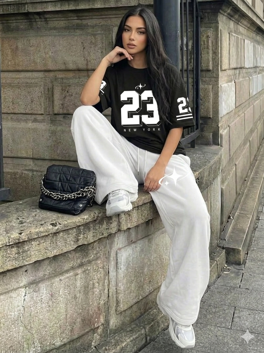 Premium Black 23 Varsity Tee & White Wide-Leg Trouser BAGGY COORD SET