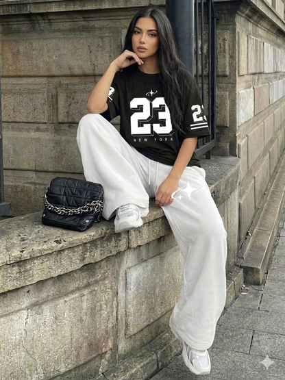Premium Black 23 Varsity Tee & White Wide-Leg Trouser BAGGY COORD SET