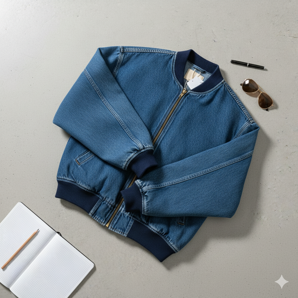 [Modern Edge] Denim Oversized Drop Shoulder Bomber Jacket - Vintage Wash Blue