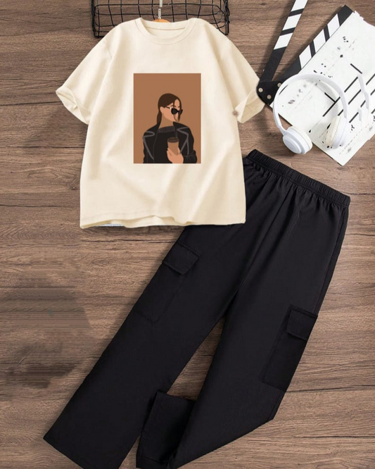 Graphics Printed Drop Shoulder Oversized T-shirt With Black Wide Leg Cargo Trouser