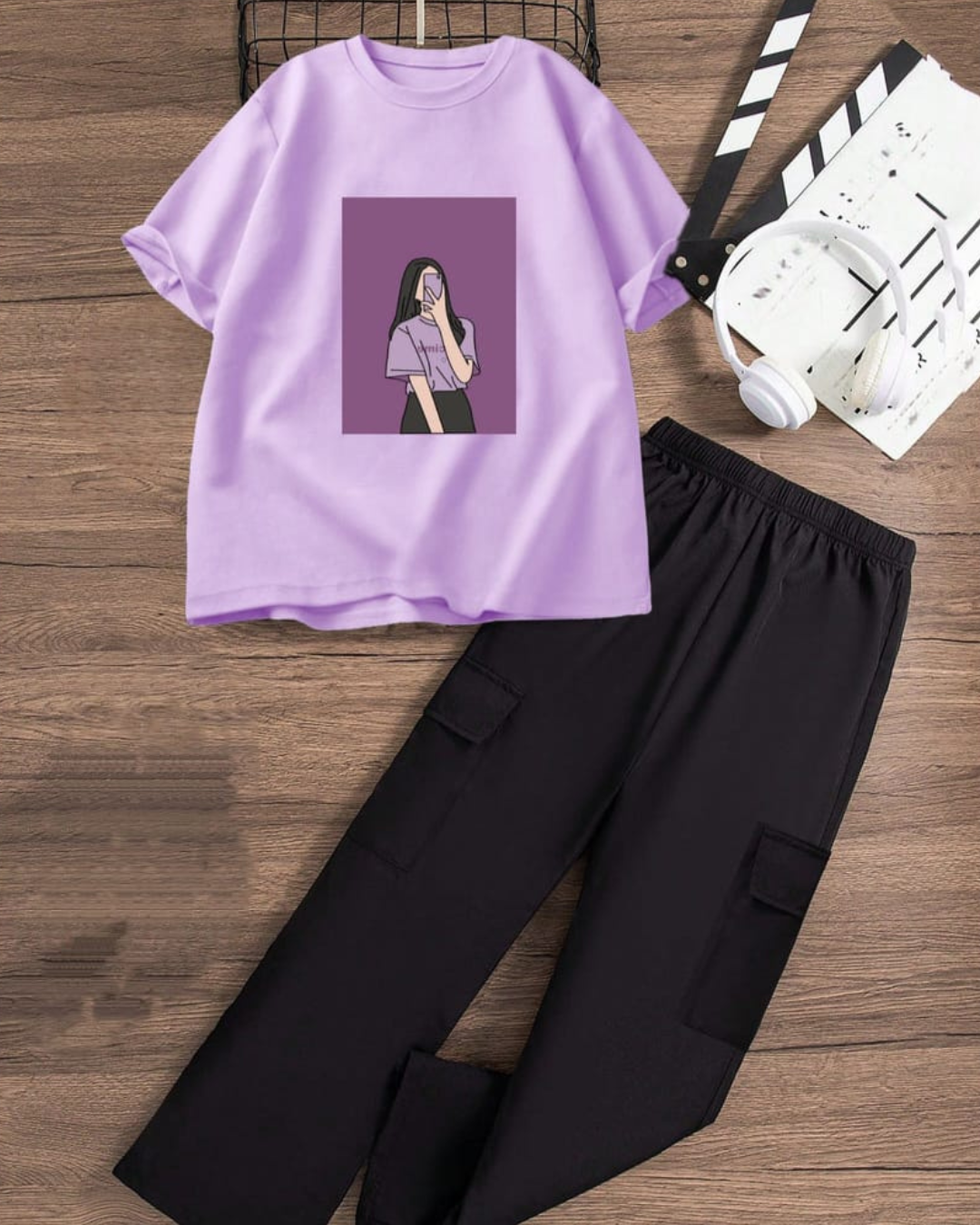 Graphics Printed Drop Shoulder Oversized T-shirt With Black Wide Leg Cargo Trouser
