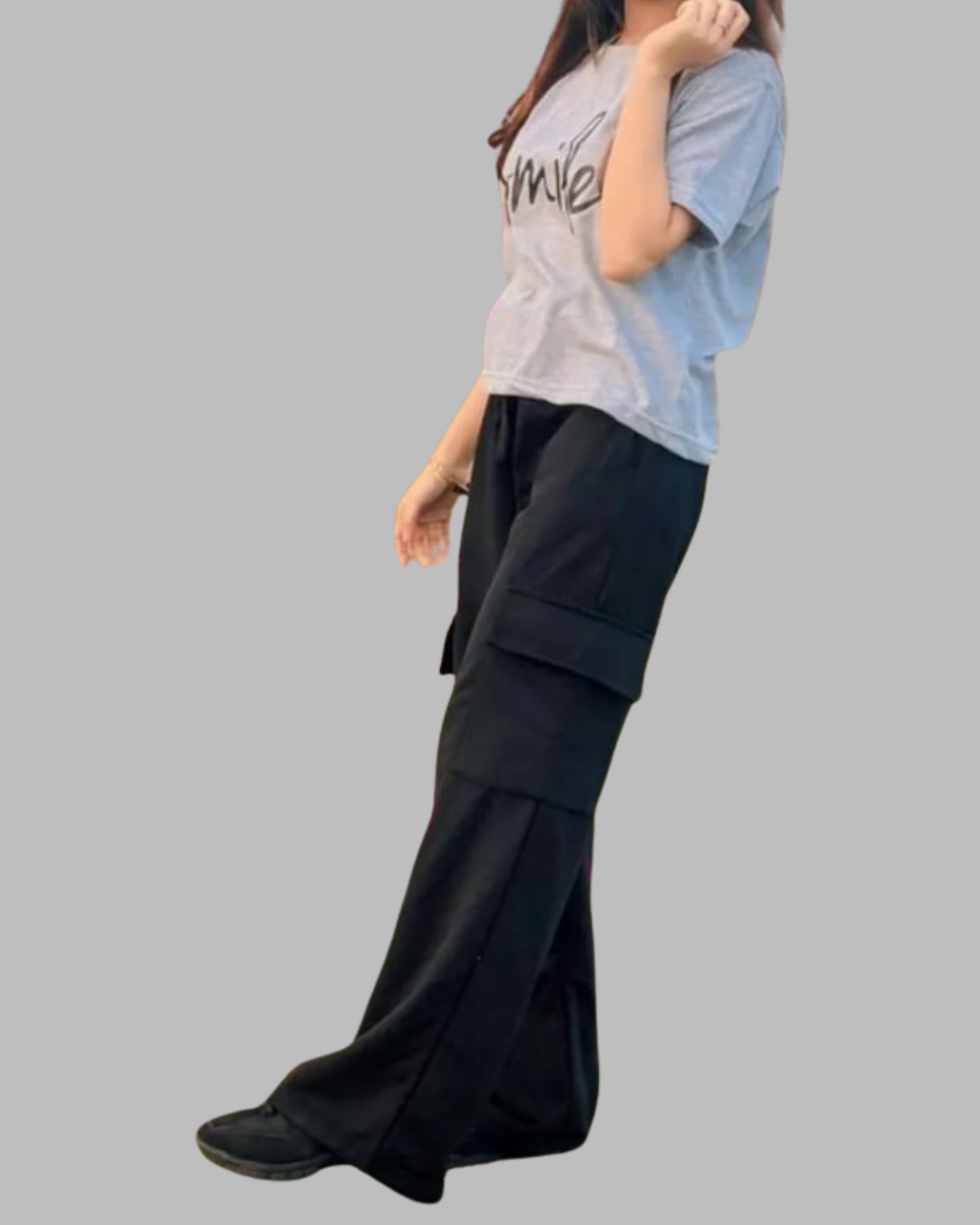 Grey Customized Printed T-shirt With Black Wide Leg Cargo Trouser