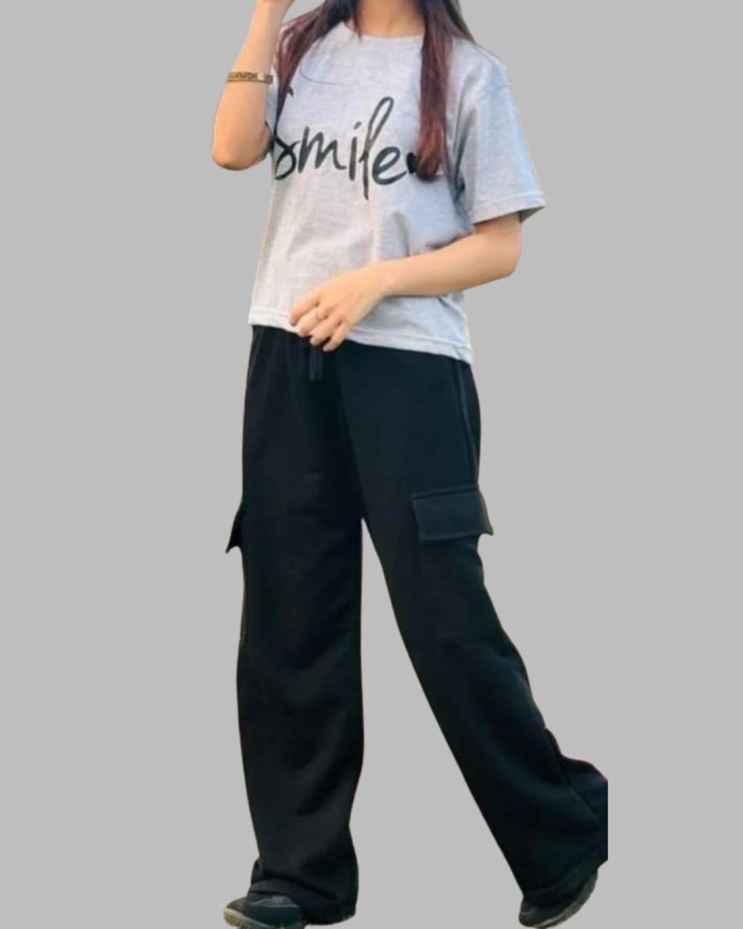 Grey Customized Printed T-shirt With Black Wide Leg Cargo Trouser