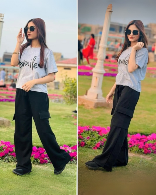 Grey Customized Printed T-shirt With Black Wide Leg Cargo Trouser
