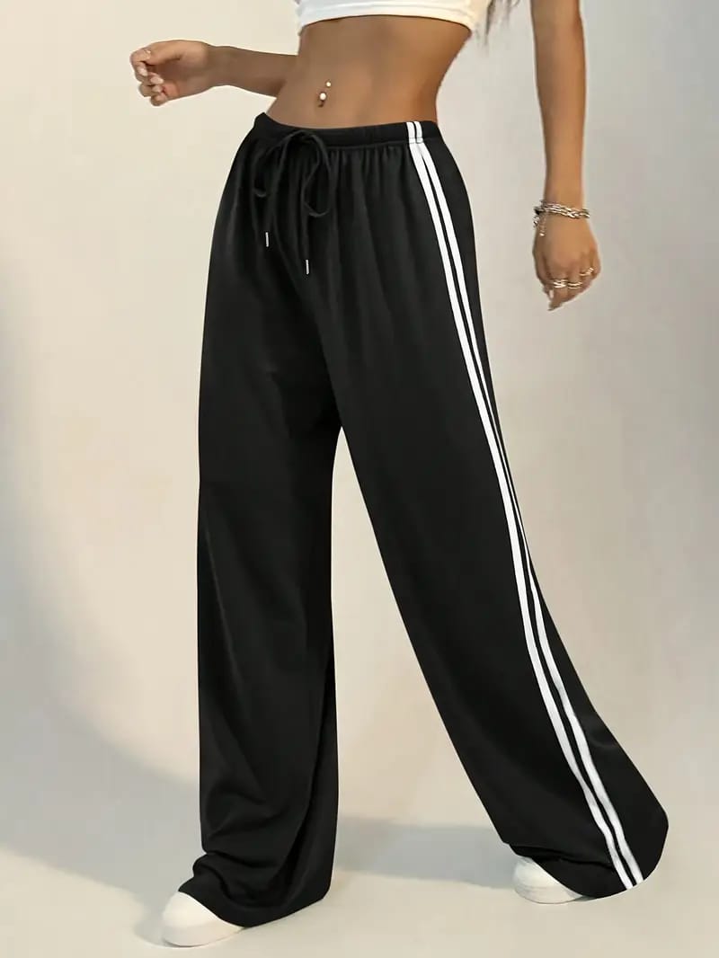 Black Wide Leg Baggy Trouser with White Stripes