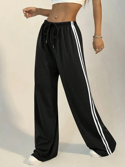 Black Wide Leg Baggy Trouser with White Stripes